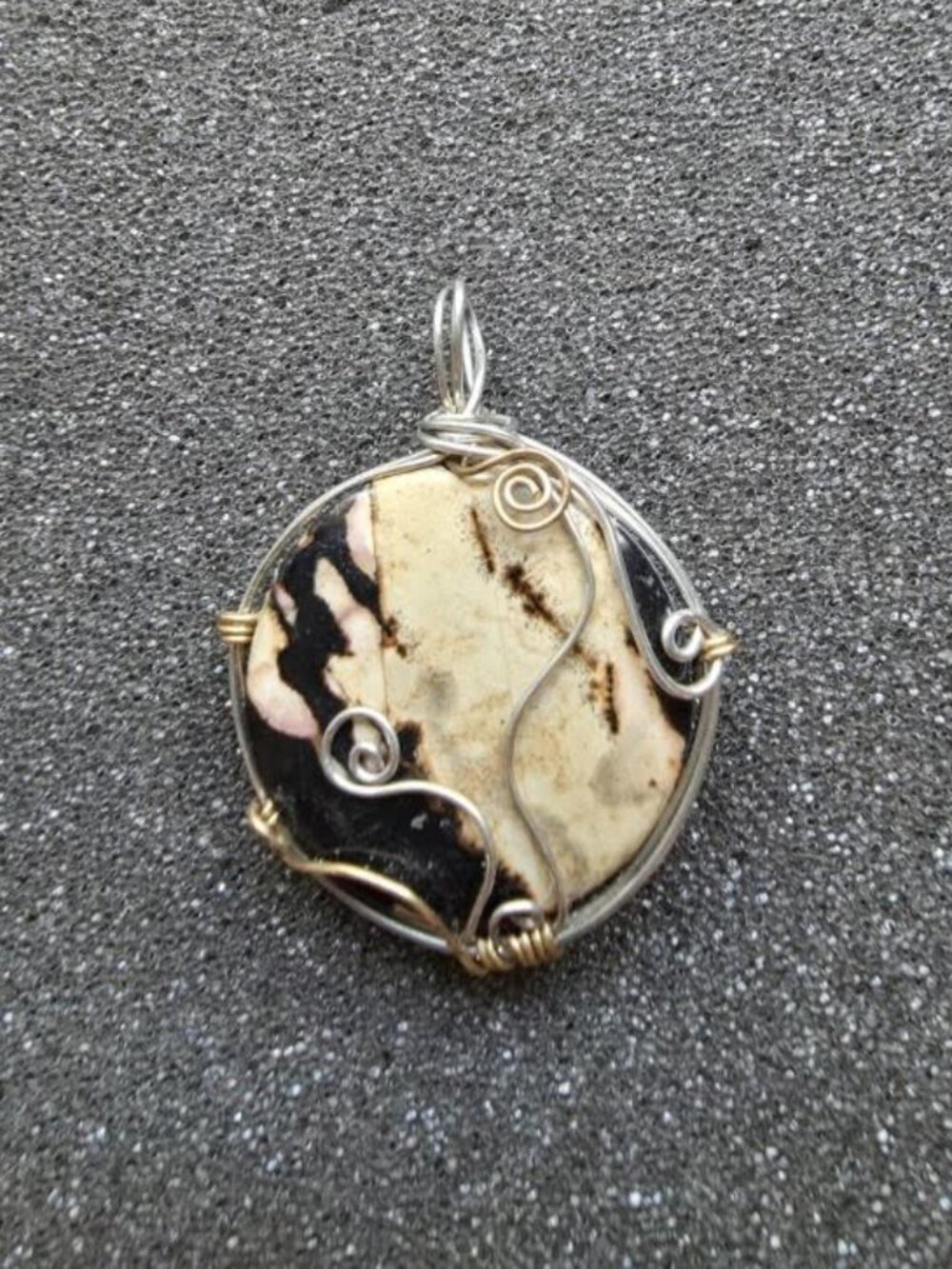 Handmade Mixed Metal Wire Wrapped Round Jasper Stone Pendant Artisan Jewelry